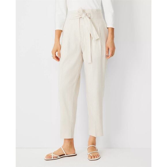Ann Taylor Belted PaperBag Linen Pants Womens 14 Striped Brown Tan White Coastal - Picture 1 of 8